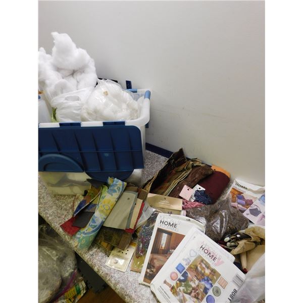 Bin of Crafting Supplies, Patterns, Fabric, Tassels, Stuffing, Bin Included