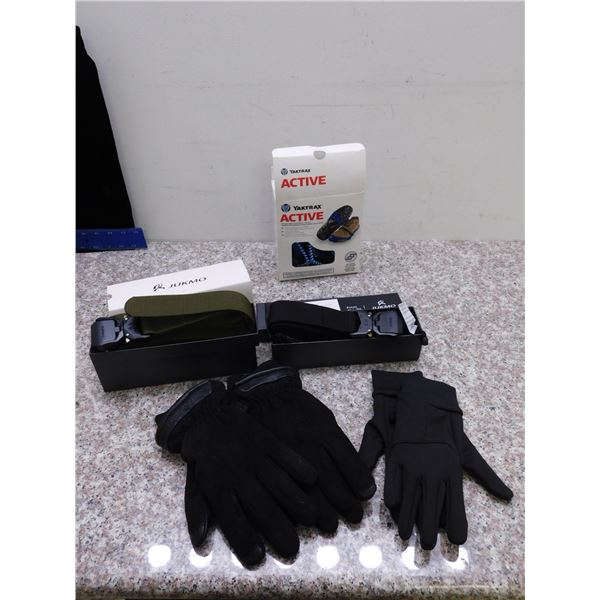 Pair of Jukmo Belts, Work Gloves Tactical and YakTrax Active Shoe Grip Winter Traction