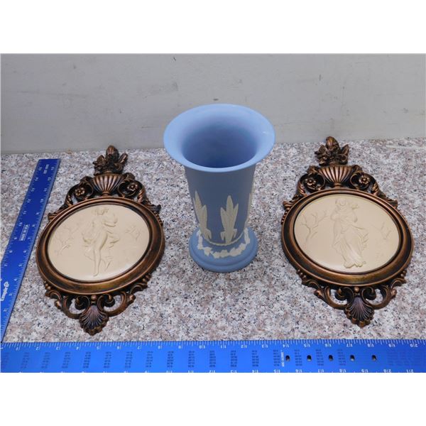 Lot of 2 Wedgewood Vase and 2 Cameo Style Plastic Wall Art Pictures