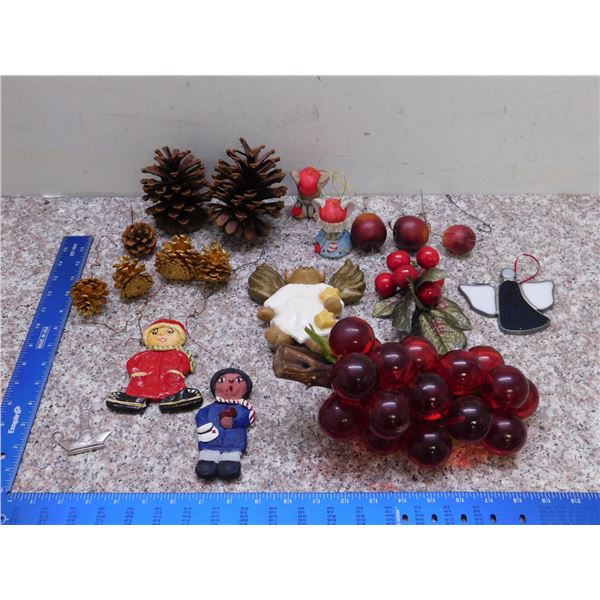 Various Xmas Ornaments Red Lucite Grape Centerpiece