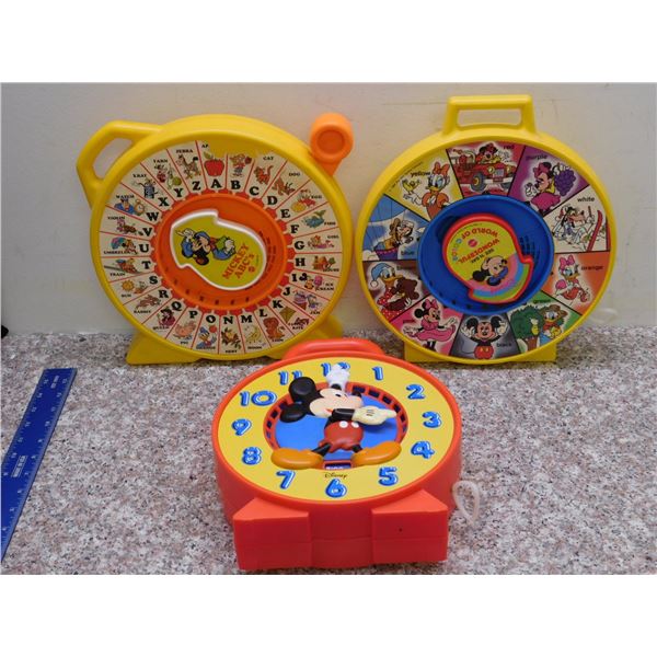 Lot of 3 Mickey Mouse Pull String Vintage Clocks Toys Plastic 1980s Mattel