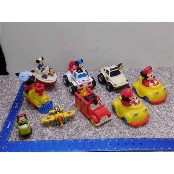 Lot of 9 Vintage Mickey Mouse Toys Cars Boat Train Play Plastic