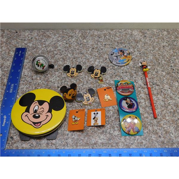 Vintage Lot 13 of Mickey Mouse Buttons Pins Bicycle Bell Pencil