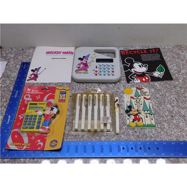 Vintage Lot of 4 Mickey Mouse Disney Calculator, Light Switch Cover and Pens