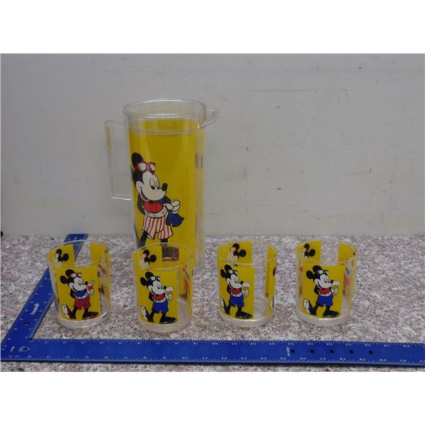 Vintage Mickey Mouse Juice Pitcher Set With Cups Disney Plastic