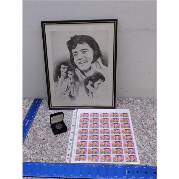 Lot of 3 Elvis Presley Block of 40 Stamps Coin and Framed Picture