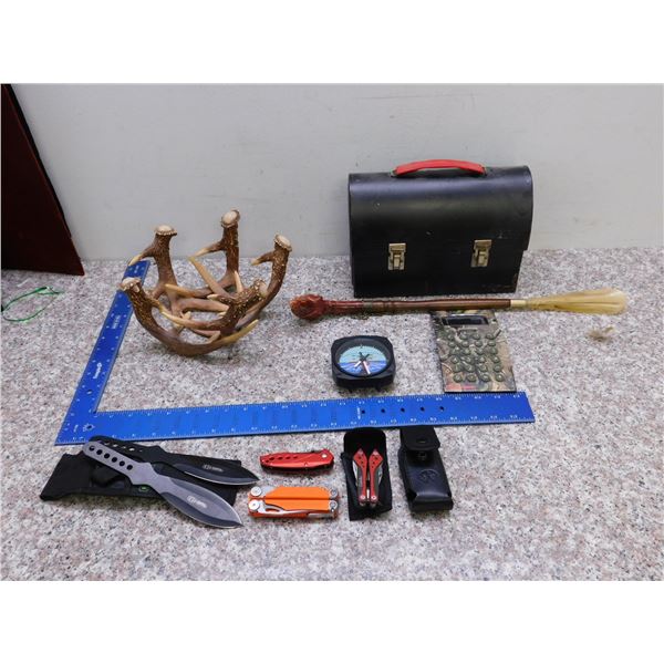 Lot of Knick Knacks CKC Throwing Knives Shoe Horn Leatherman Wave Multi-Tool Cabellas Horn Basket