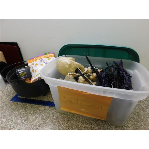 Bin of Misc Halloween Blow Mold Skeleton Lights Decor Etc Includes Bin
