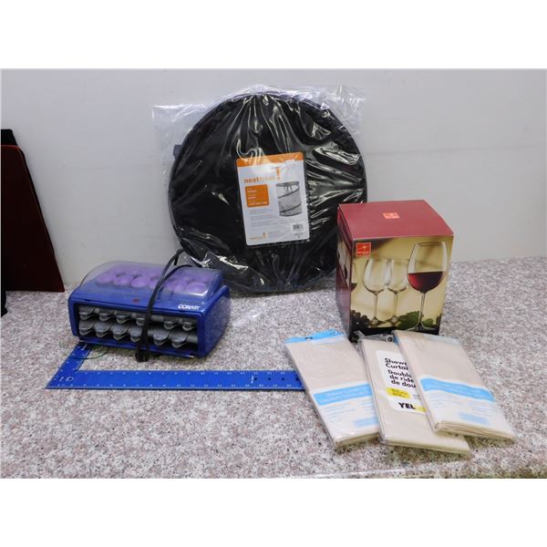 Lot of Household Hampers Hair Rollers Wine Glasses and Shower Liners