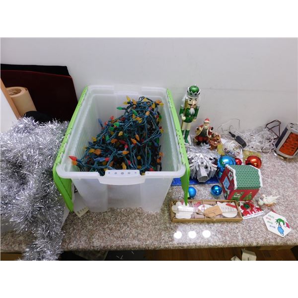 Lot of Christmas Lights Garland Decor Tree Ornaments Includes Bin