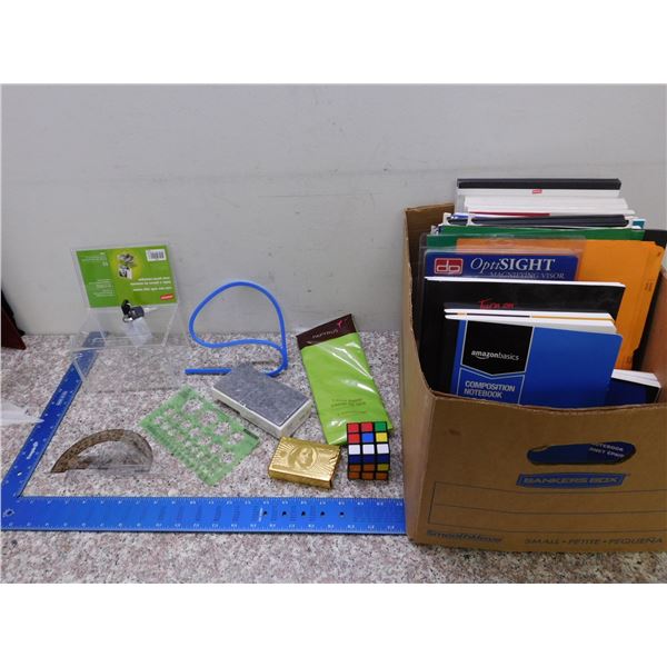 Box of Office School Supplies Notebooks Loose Leaf Paper Rulers Whiteboard Marker Etc