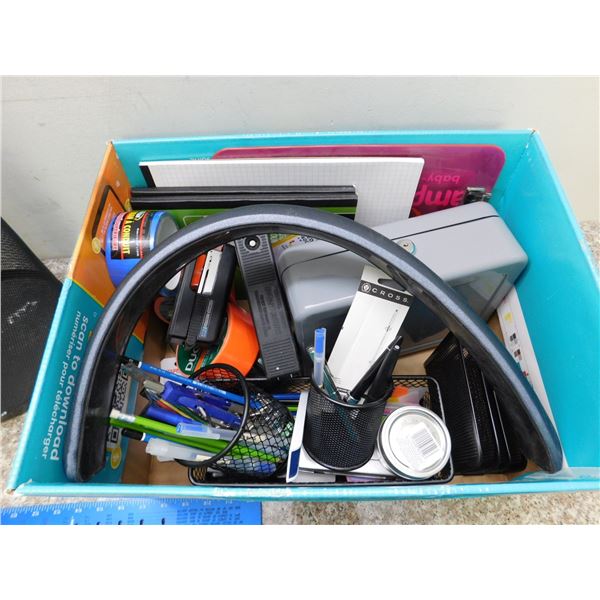 Box of Misc Office Supplies Bankers Box Pens Pencils Notepads Waste Basket Stapler Etc