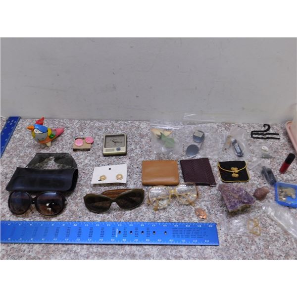 Junk Drawer Knick Knacks Sunglasses DKNY Change Coin Purses Amethyst Pins Earrings Etc