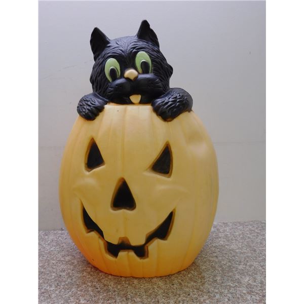 Vintage Halloween Decor Blow Mold Cat in Jack-o-Lantern Pumpkin approx 25" Tall