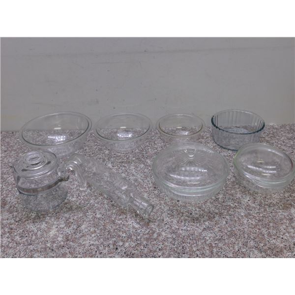 Lot of 8 Pyrex Clear Glass Bakeware Rolling Pin Kettle Mixing Bowls Baking Dishes