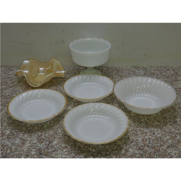 Lot of 6 Anchor Hocking Etc Oven Proof Milk Glass Bowls Candy Dish and Decorative Blown Glass Bowl