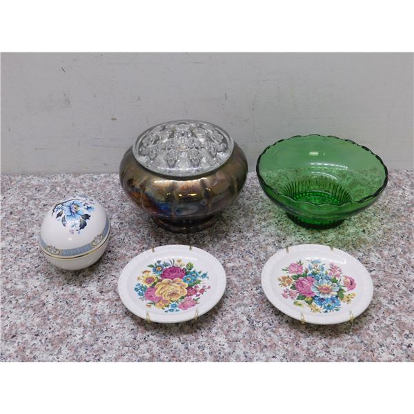 Lot of 5 Flower Vase Bowl, Green Dish, Small Falconware England Dishes and Sadler Egg Dish Floral