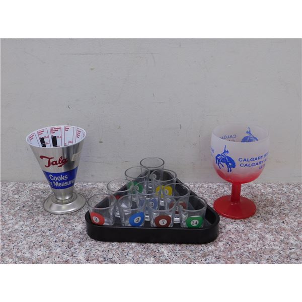 Lot of 3 Pool Ball Shot Glasses Set of  10 and Calgary Stampede Glass and Tala Cooks Dry Measure