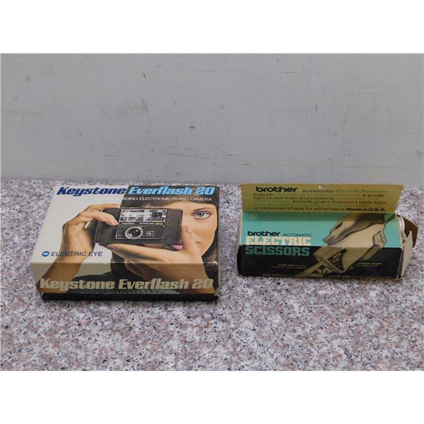 Keystone Everflash 20 Film Camera Electric Eye With Box and Brother Automatic Electric Scissors