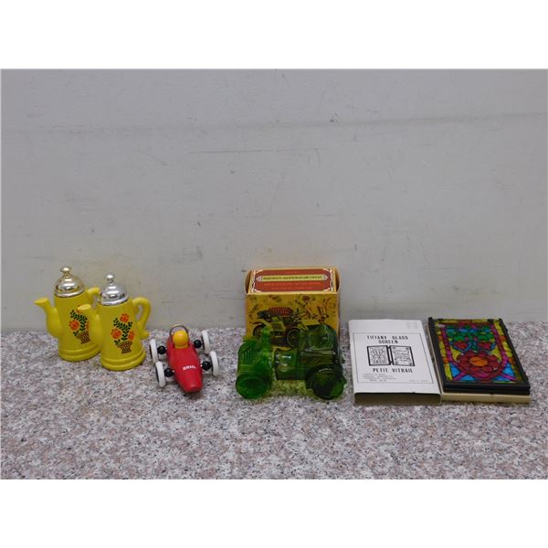 Lot of 5 Tiffany Glass Stained Window Screen Miniature Avon Wild Country After Shave Bottle and S& P