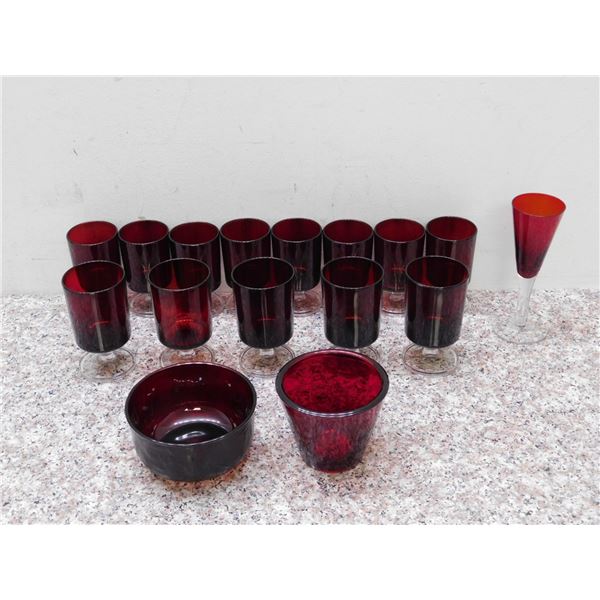 Lot of 19 Vintage Luminarc Ruby Red Wine Glasses White Red and Dessert + 2 Small Bowls