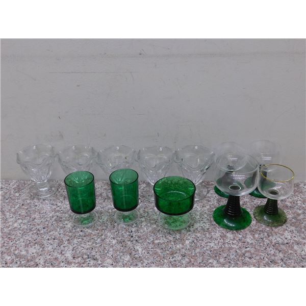Lot of 12 Glasses Sunday Bowls and Wine Glasses With Green Accent Luminarc Champagne Etc