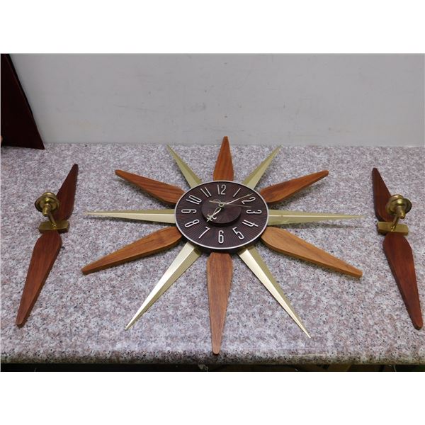 Vintage Mid Century Ingraham Starburst Clock With Matching Wall Sconces Wood Brass