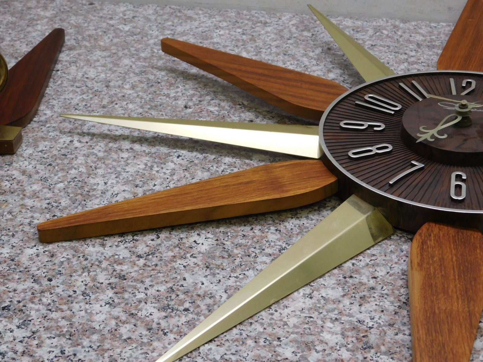 Vintage Mid Century Ingraham Starburst Clock With Matching Wall Sconces Wood Brass