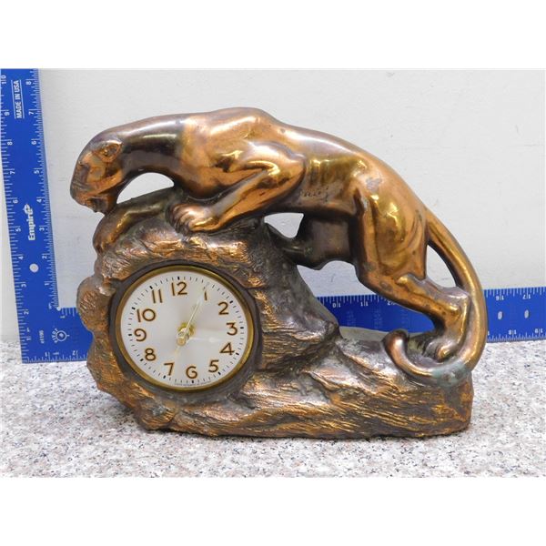 Prowling Panther Brass Tone Sessions Spelter Clock