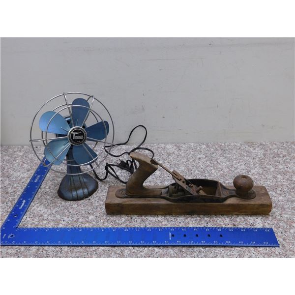 Lot of Desk Fan Metal Industrial Rustic Blue Metallic Torcan Antique Wood Plank