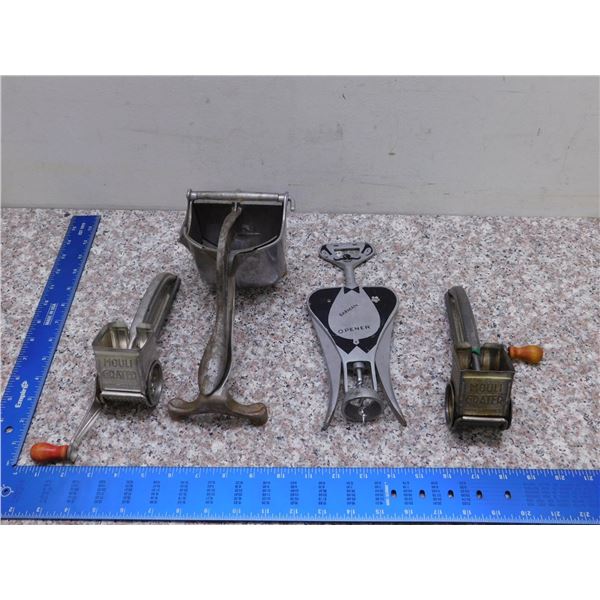 Lot of Vintage Mouli Graters Metalware Juicer Press and Bottle Opener Toast To The Host Italy