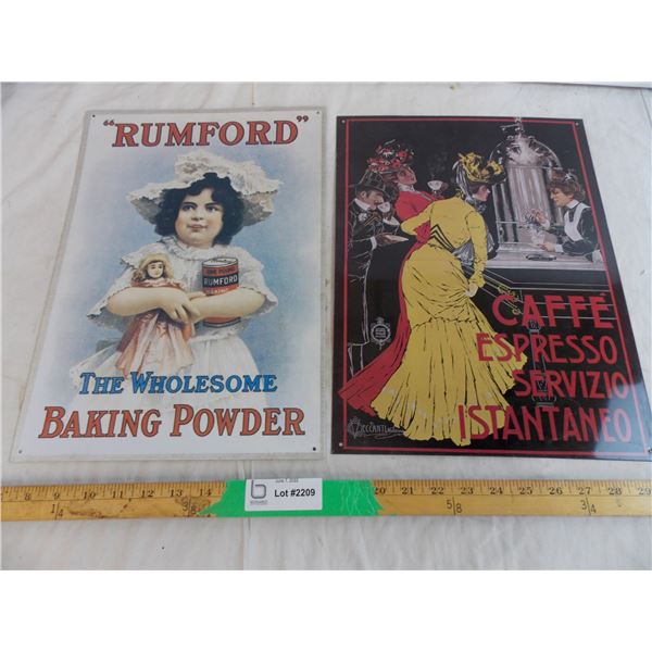 Rumford baking soda and Caffe Espresso metal ad signs