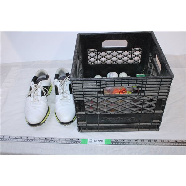 Plastic Crate with Golfing shoes size 10,golf balls,misc items