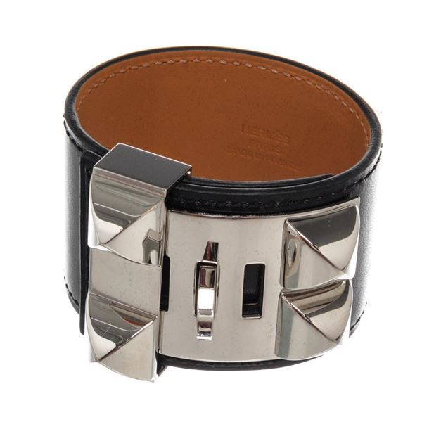 Hermes Black Leather Palladium Plated Collier de Chien CDC Bracelet