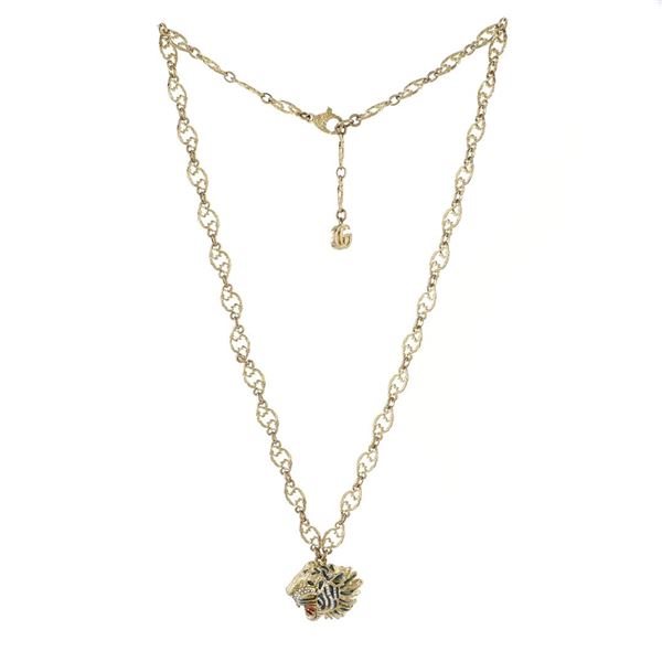 Gucci Gold Embellished Metal with Enamel Rajah Pendant Necklace