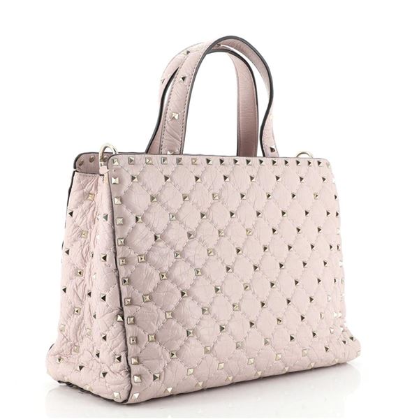 Valentino Pink Quilted Leather Rockstud Spike Top Handle Small Tote Bag