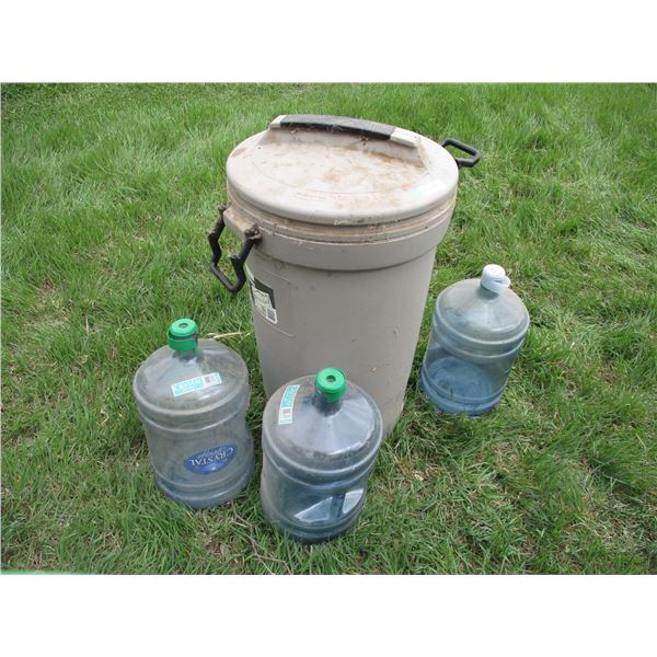 Garbage can with water jugs