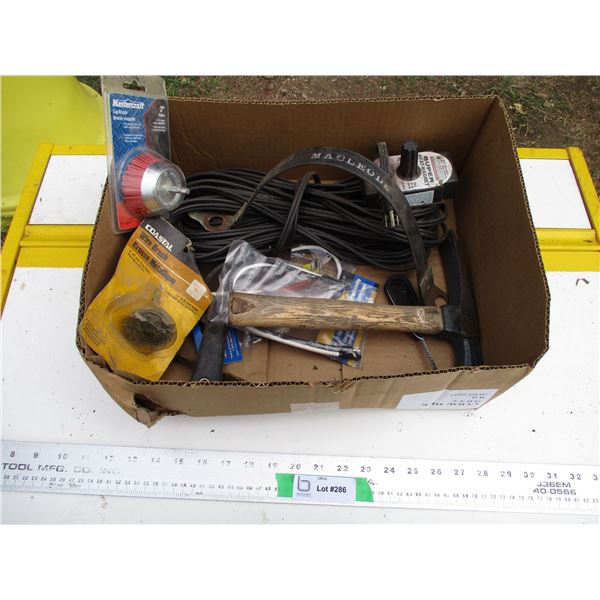 box of misc, hammer, wire brush, cup brush