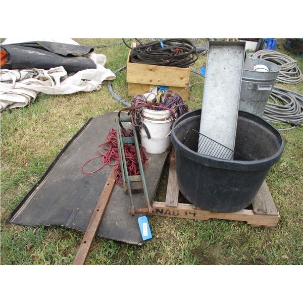 Garbage can, plastic tub with flashing + misc