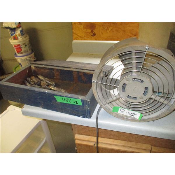 fan, wood box with bits