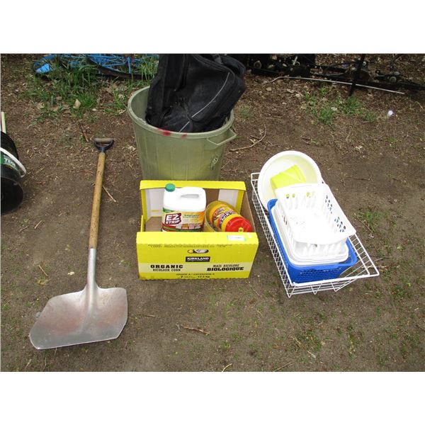 hand wipes, shovel, garbage can, bag