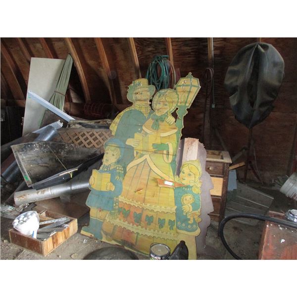 Contents - Class A Chimney, Wooden yard decoration, wood desk, car hood, grain hopper, tire tubes, (