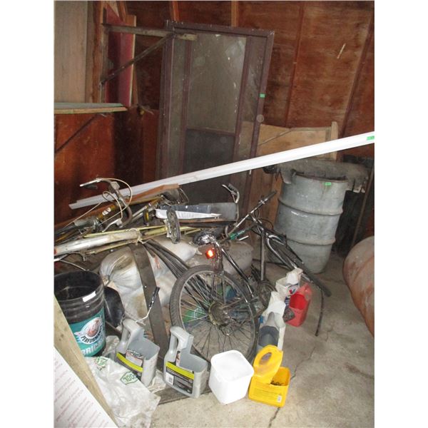 LOT - (3) bikes, patio door, metal barrel, canola seed + misc
