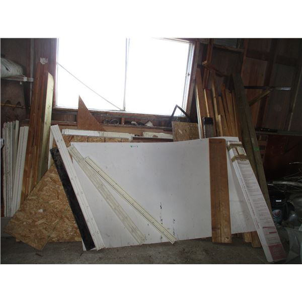 LOT - Metal shelving + wood + misc lumber