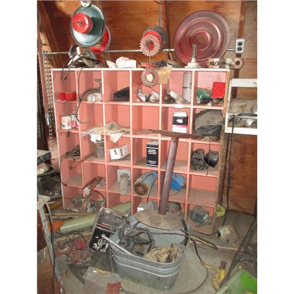 LOT - Wooden Bin Shelf with contents - gears, pulleys, galvanized tub, steel stand, motors