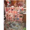 Image 1 : LOT - Wooden Bin Shelf with contents - gears, pulleys, galvanized tub, steel stand, motors