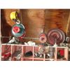 Image 2 : LOT - Wooden Bin Shelf with contents - gears, pulleys, galvanized tub, steel stand, motors