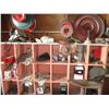 Image 3 : LOT - Wooden Bin Shelf with contents - gears, pulleys, galvanized tub, steel stand, motors