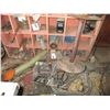 Image 4 : LOT - Wooden Bin Shelf with contents - gears, pulleys, galvanized tub, steel stand, motors