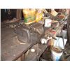 Image 10 : LOT - Work bench with wall contents - metal stand + (2) vises, wrenches, bolt bin, scrap iron, etc (